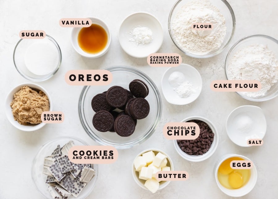 ingredients needed to make cookies and cream bars in small glass dishes