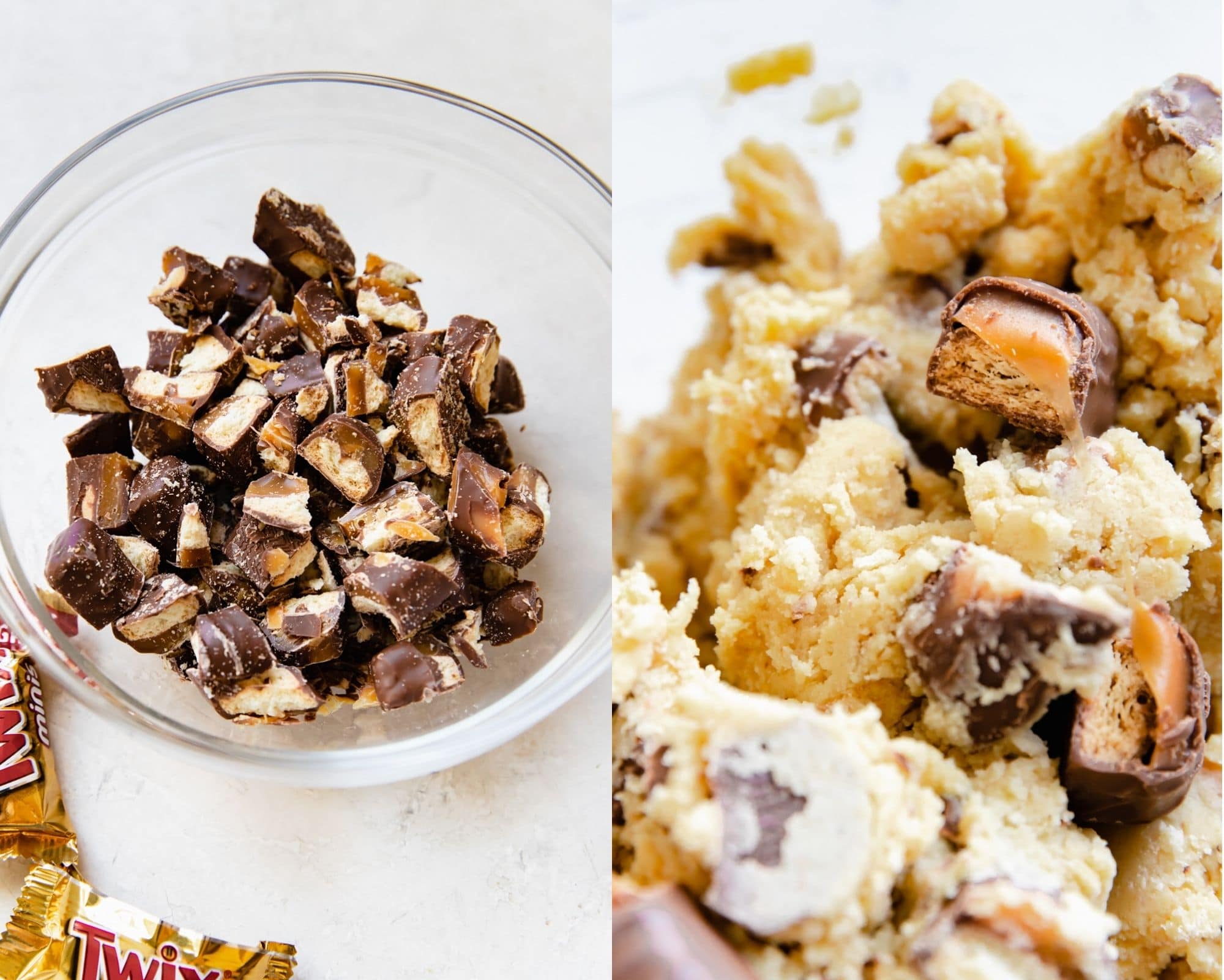an up close image of twix bar in cookie dough.