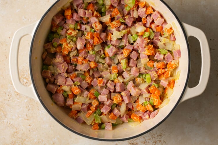 chopped veggies and chopped ham in a bowl