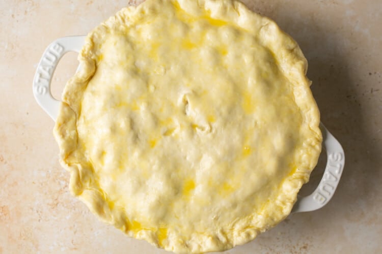 overhead shot of pot pie with pie dough cover