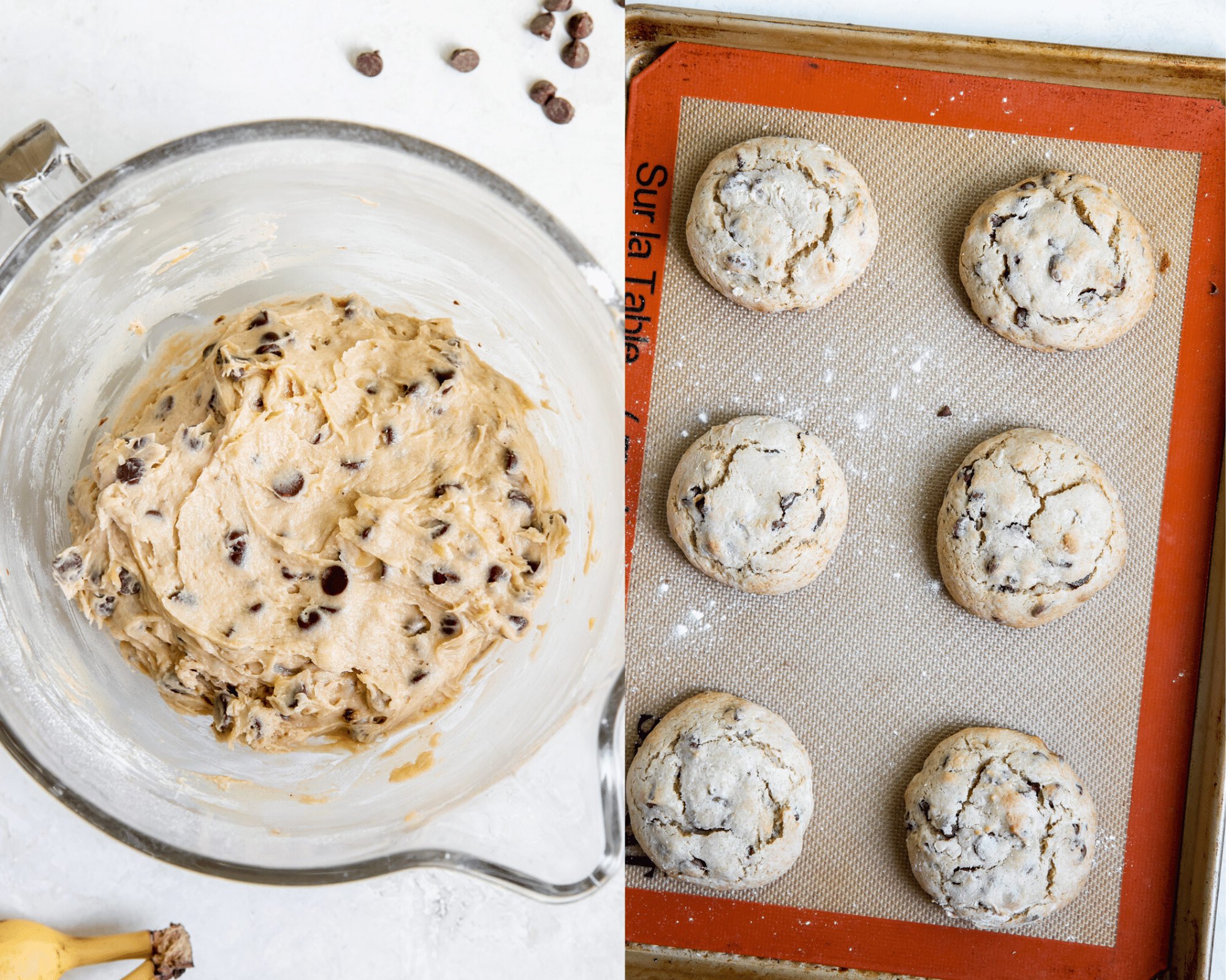 cookie dough in a glass mixing bowl