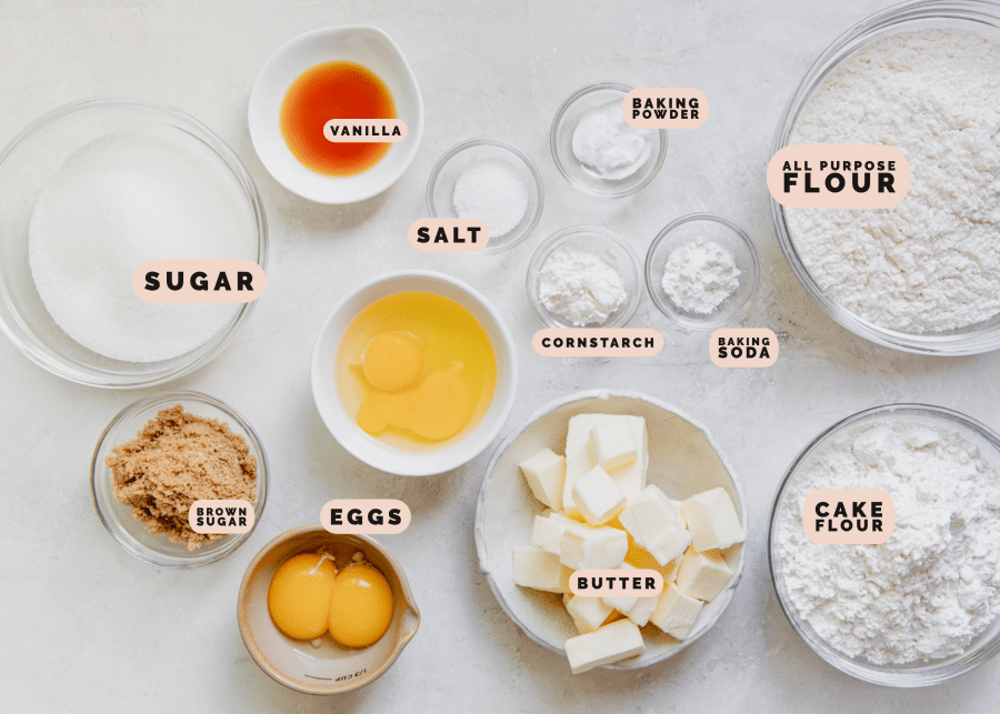ingredients to make cookies in small glass bowls