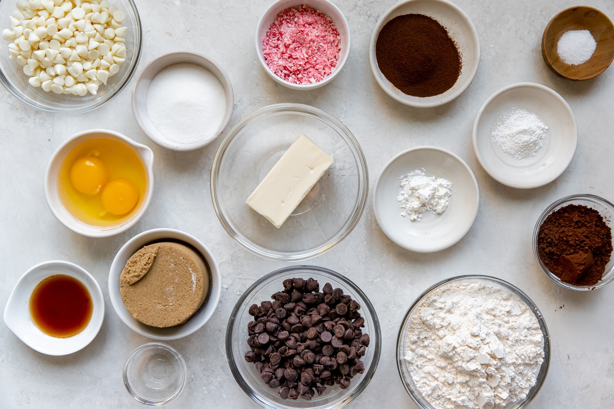 ingredients needed to make peppermint cookies in small bowls 