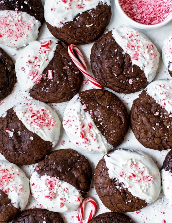 cookies dipped in white chocolate garnished with crushed peppermint candy canes