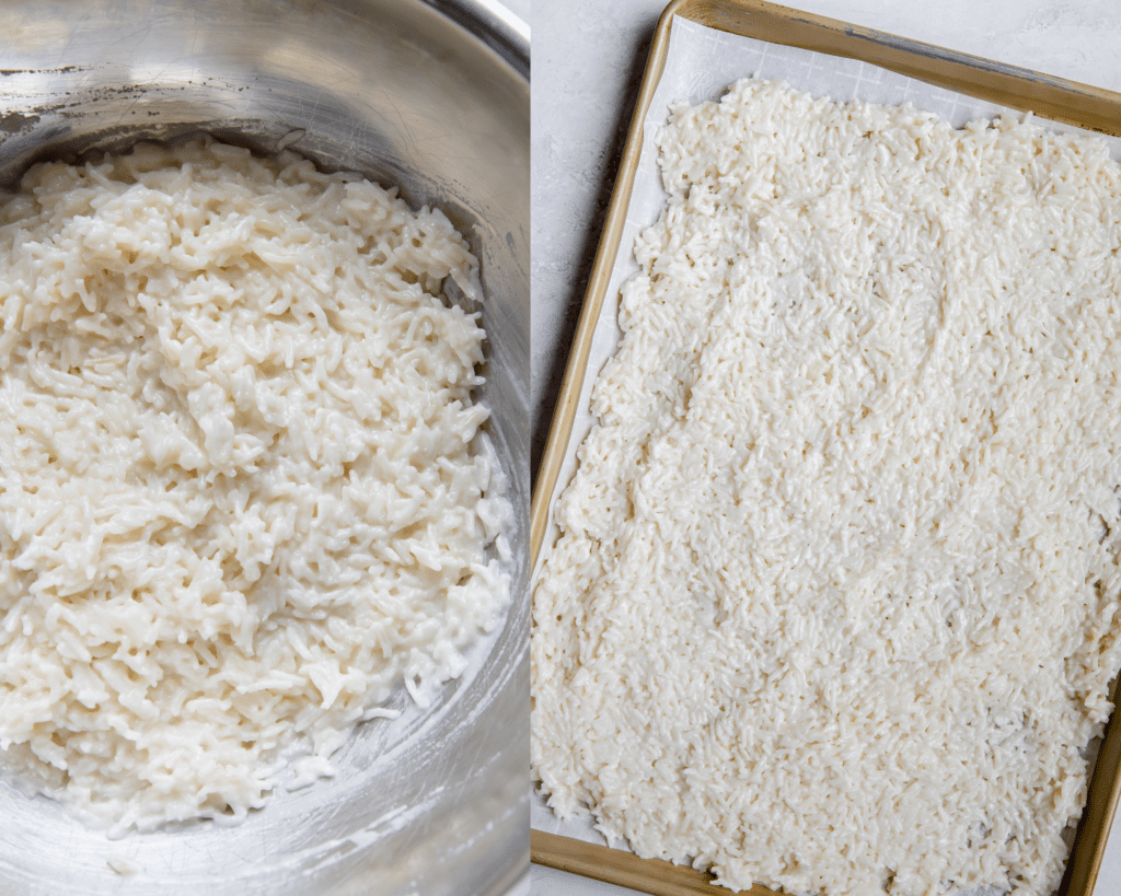 rice on a baking sheet and in a bowl