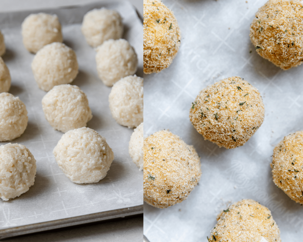 rice balls on a baking sheet lined with parchment paper