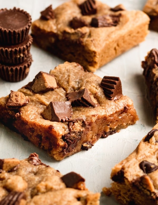 a blondie with peanut butter cups on top