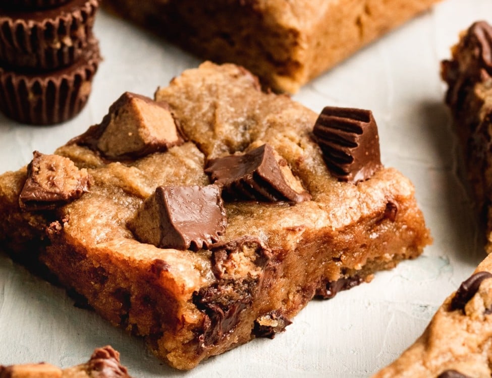 a blondie with peanut butter cups on top