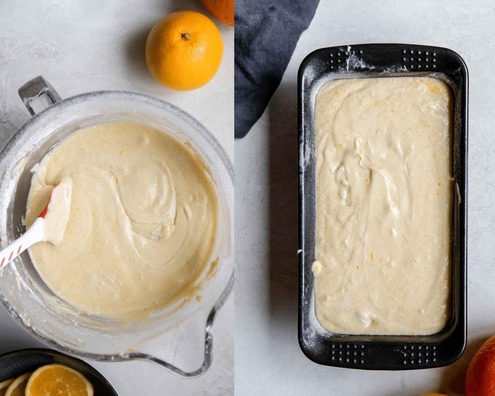pound cake batter in a mixing bowl and in a 9x5 inch loaf pan