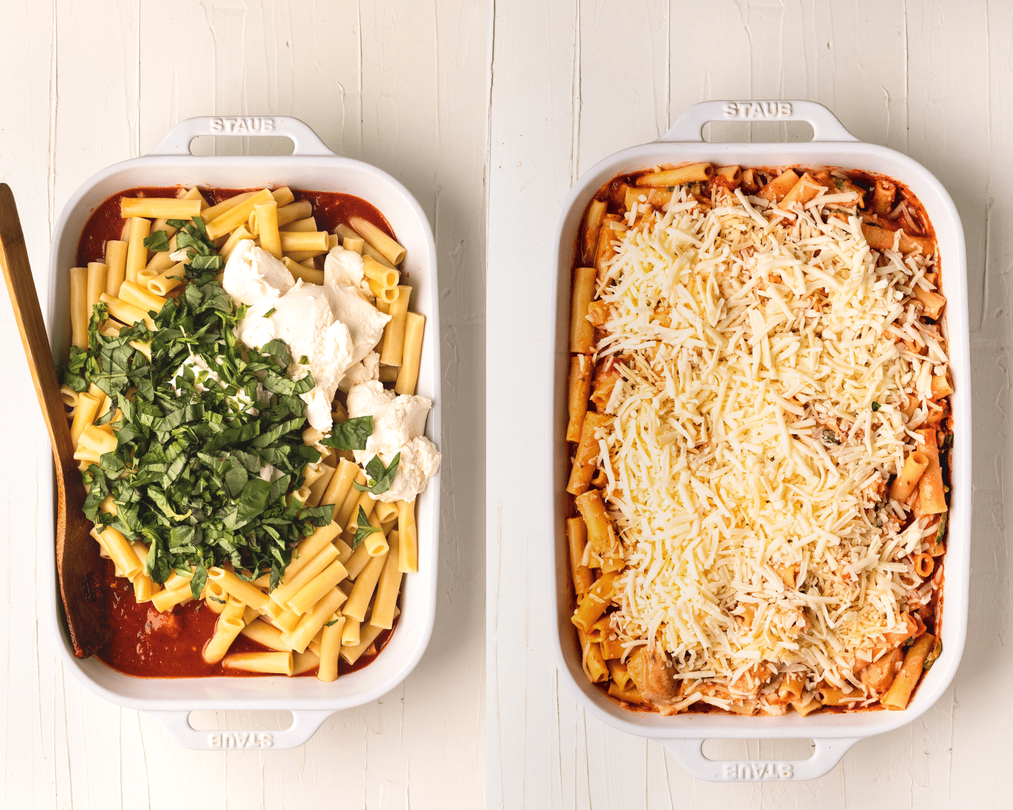ziti casserole in a white baking dish topped with basil