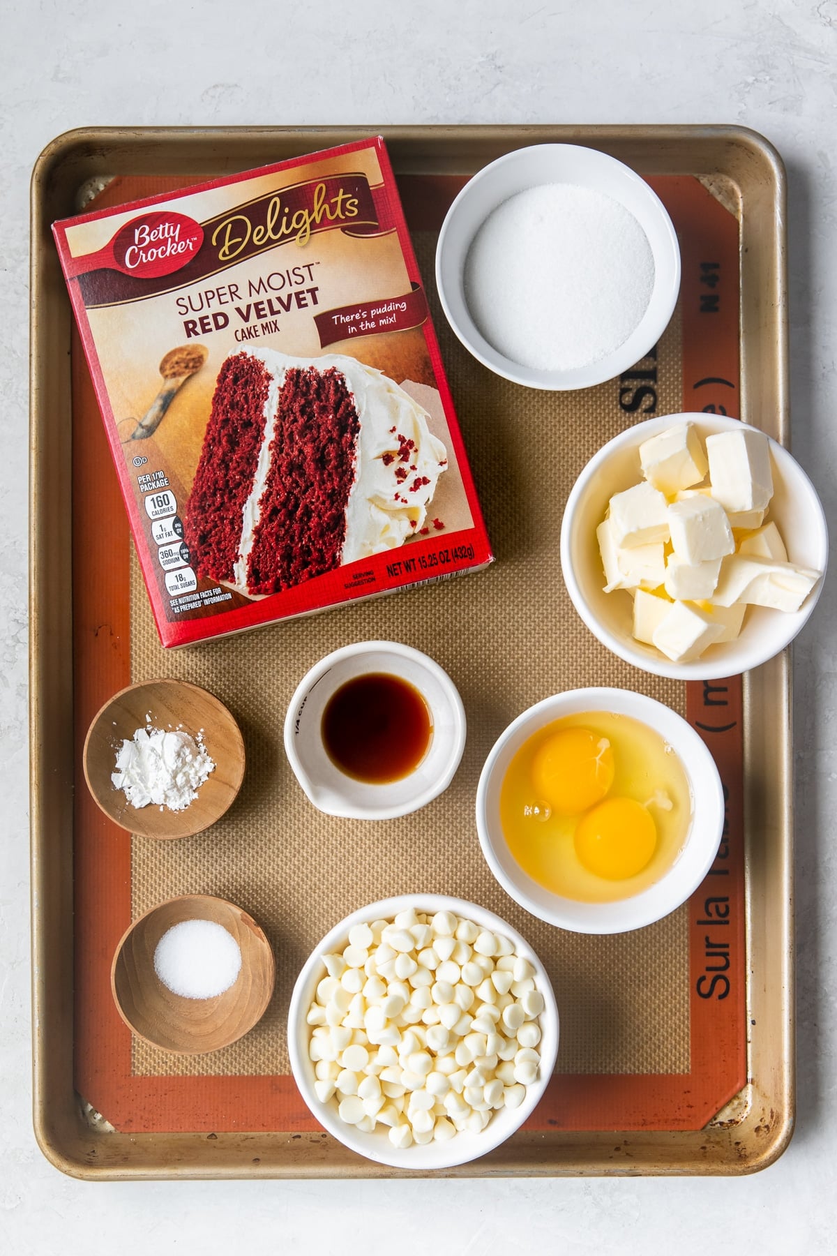 ingredients on a baking sheet to make cookies