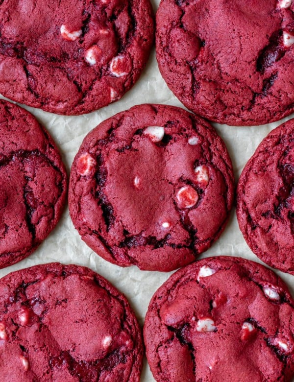 an up close photos of cookies made with red velvet cake mix