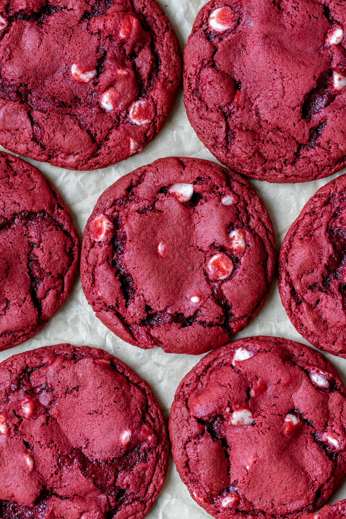 an up close photos of cookies made with red velvet cake mix