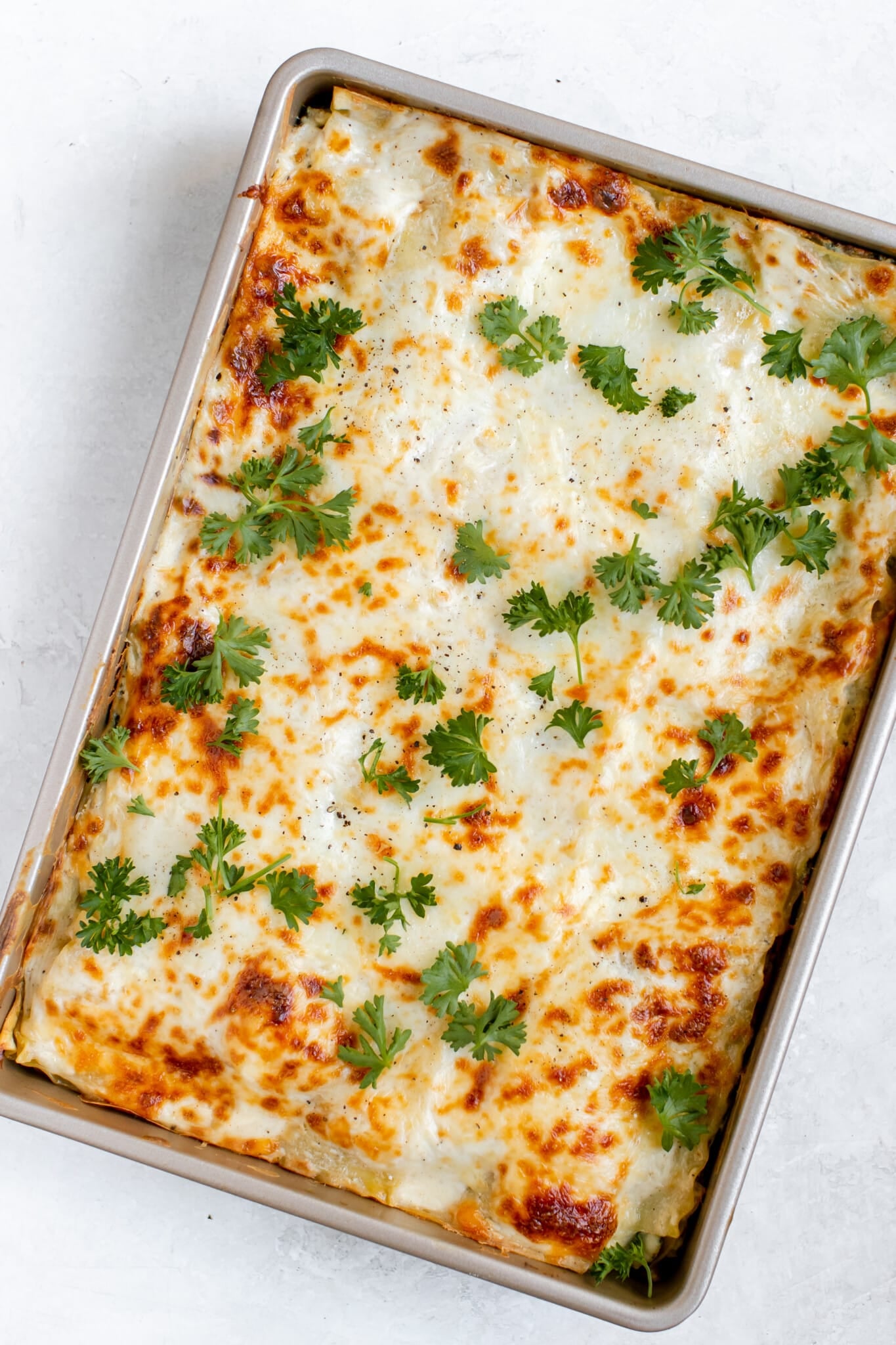 lasagna in a 9x13 pan with melted cheese and parsley on top