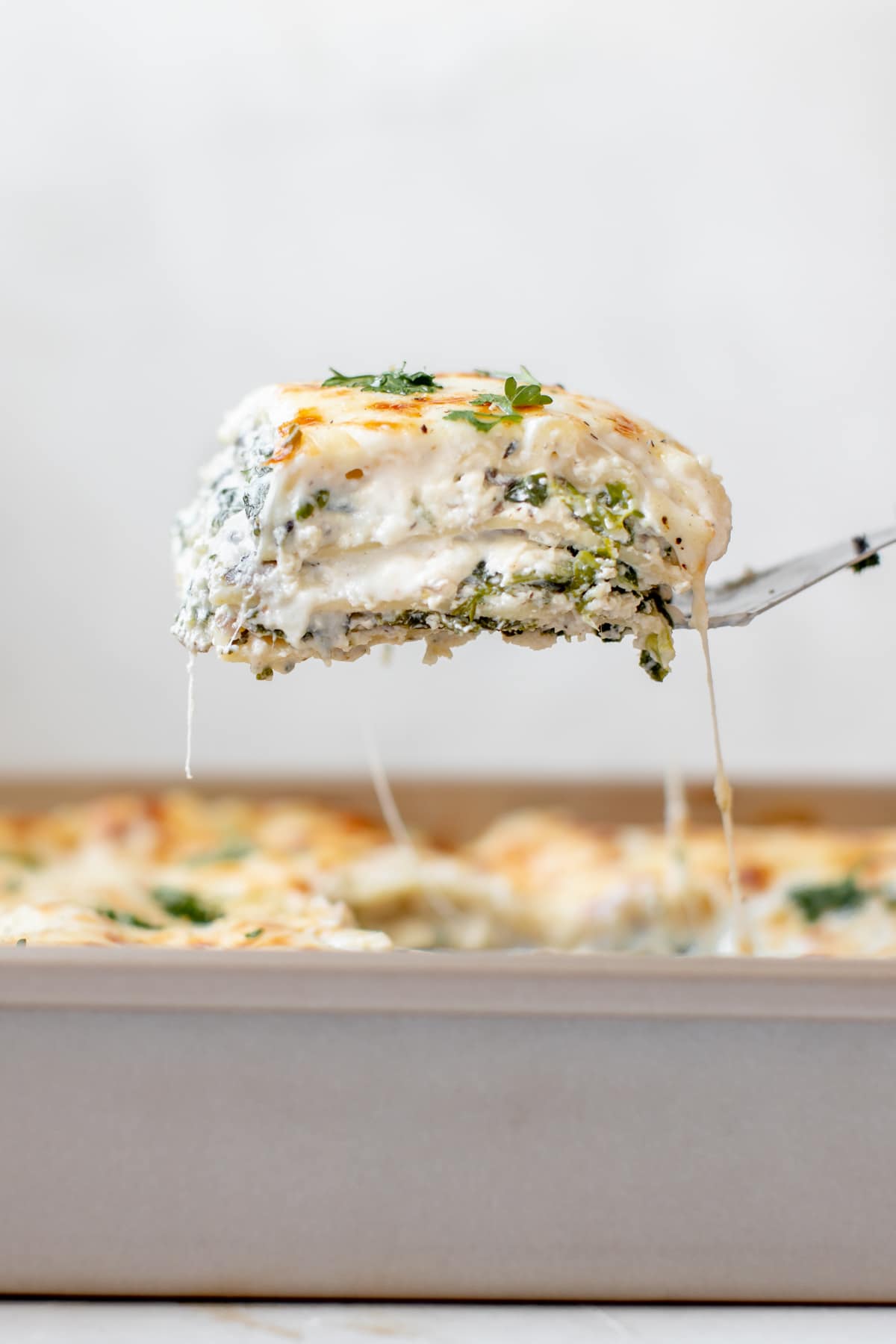 a spatula serving a slice of lasagna out of the pan