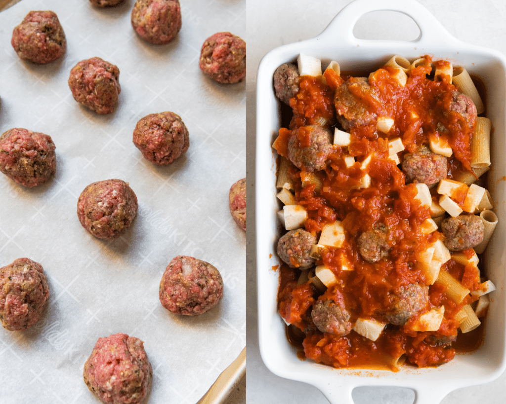 meatballs on parchment paper and pasta, meatballs, cheese and marinara in a white baking dish