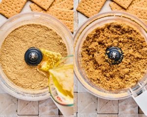 Side by side images of a clear food processor. Left side shows finely chopped graham crackers with melted butter being poured in. Right side shows the graham cracker mixture wet from the melted butter.