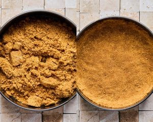 Side by side images of a pie pan. Left side shows graham cracker crumbles in the pan. Right side shows the crumbles flatted into the bottom and sides of the pan.