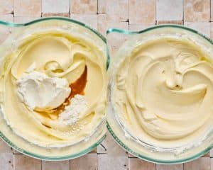 Side by side images of a mixing bowl. Left side shows sour cream and vanilla being added to a cream cheese mixture. Right side shows all ingredients mixed together.