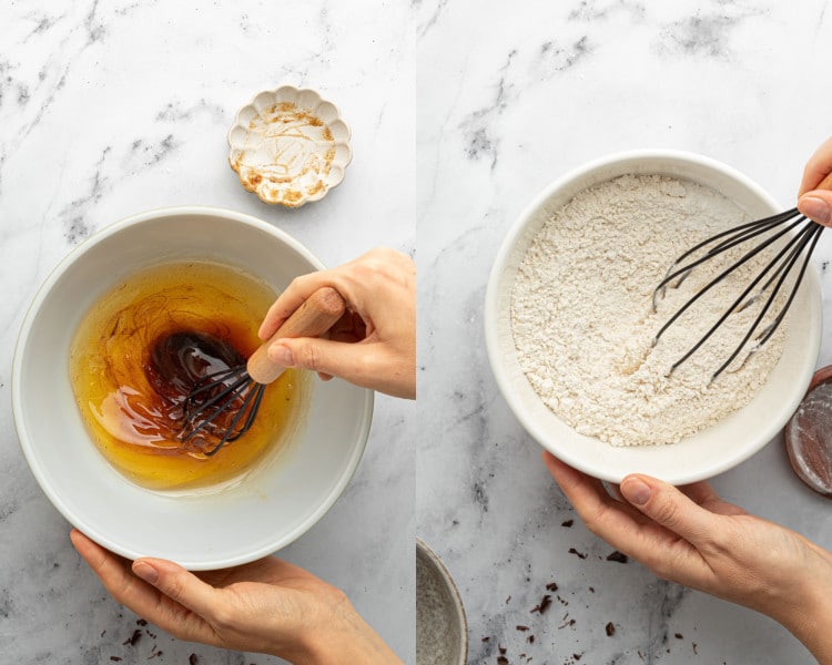 Side-by-side images showing the beginning stages of blondie batter. On the left, a hand whisks vanilla bean paste into brown butter in a white bowl. On the right, another hand whisks dry ingredients—flour, baking powder, and salt—in a separate bowl.