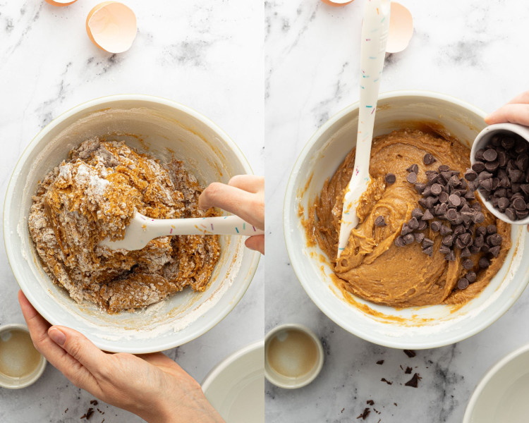 Side-by-side images of combining wet and dry ingredients for blondie batter. On the left, a hand uses a spatula to mix flour into the thick, golden batter. On the right, a hand pours chocolate chips into the fully mixed batter, ready to be folded in.