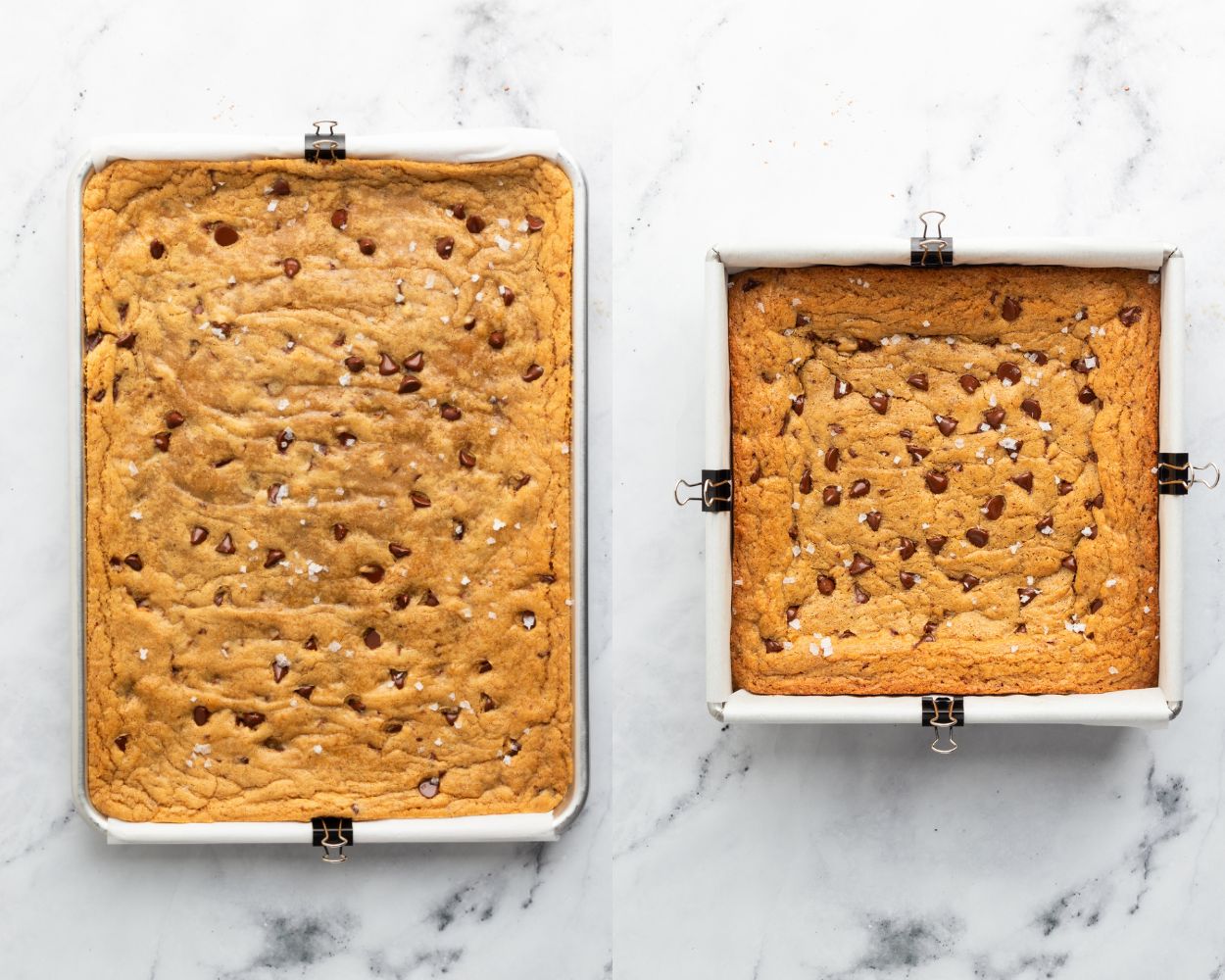 Overhead comparison of two pans of chocolate chip blondies. On the left, a rectangular pan with a larger batch of golden brown blondies topped with sea salt and chocolate chips. On the right, a smaller square pan with a slightly thicker, darker batch, also topped with salt flakes and scattered chocolate chips.