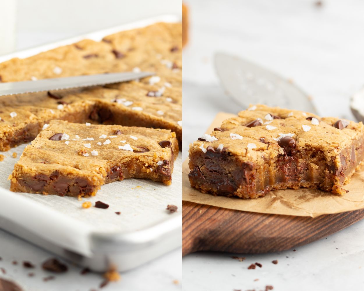 Side-by-side close-up shots of a single chocolate chip blondie bar with a bite taken out. On the left, the blondie sits in a pan with a serrated knife nearby, showcasing a golden chewy texture and visible chocolate chunks. On the right, the bitten blondie is placed on parchment over a wooden board, with gooey melted chocolate and flaky sea salt on top.