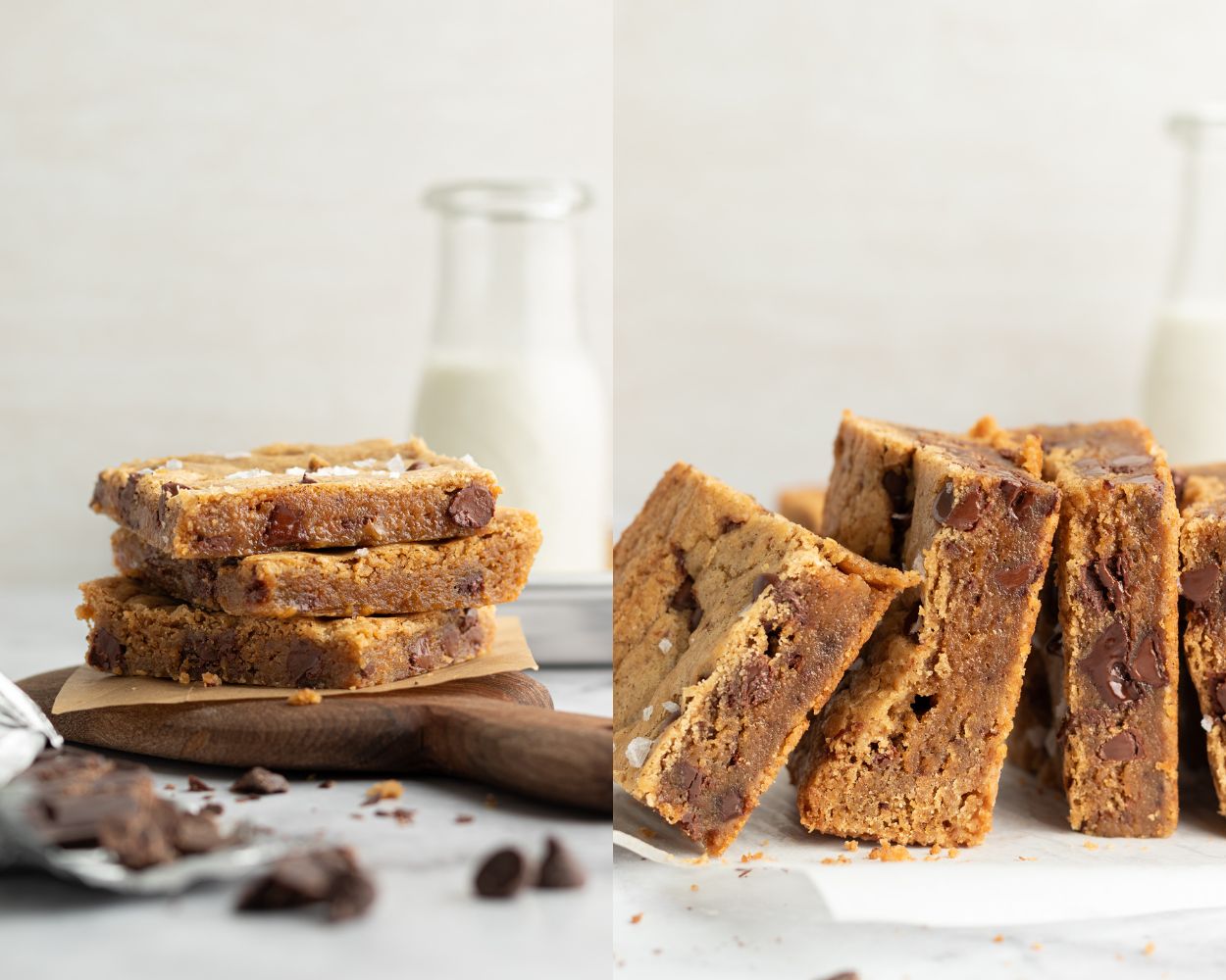 Two vertical side views of stacked blondie bars. On the left, three blondies are neatly stacked on a wooden board with a bottle of milk blurred in the background. On the right, a close-up of multiple blondies standing upright, revealing their rich interior packed with melty chocolate chips and golden edges.