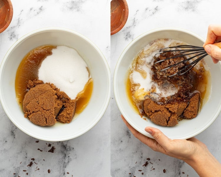 Side-by-side images showing brown butter, granulated sugar, and brown sugar in a bowl on the left, and those ingredients being whisked together on the right.