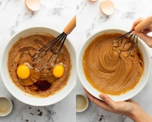 Split image showing two eggs and vanilla added to the sugar-butter mixture on the left, and the fully whisked, glossy batter on the right.