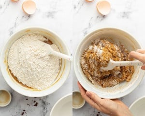 Side-by-side images: the left shows flour being added to the wet blondie batter, and the right shows the dough being gently mixed with a spatula.