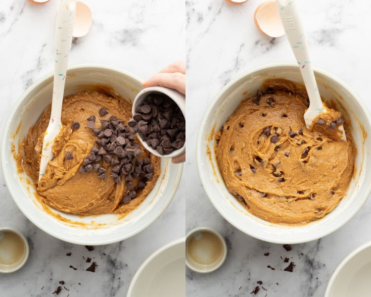 Two-panel image showing chocolate chips being poured into the dough on the left, and the completed blondie dough with chips evenly mixed on the right.