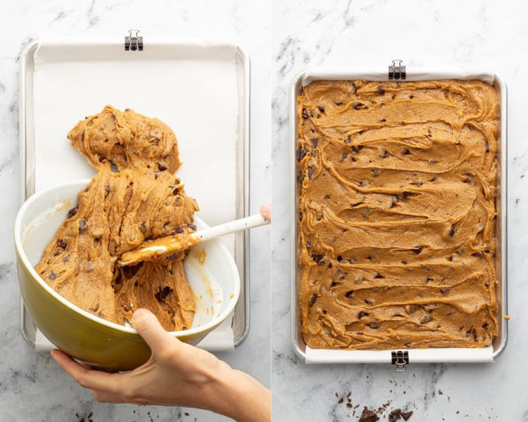 Side-by-side images of thick blondie batter being spread into a parchment-lined metal baking pan on the left, and the pan fully smoothed out and ready for baking on the right.