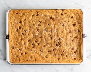 Freshly baked tray of golden brown blondies in a rectangular pan, studded with chocolate chips and sprinkled with flaky sea salt.