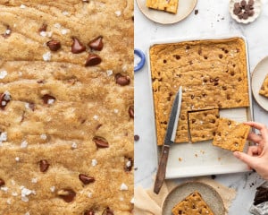 Two-part image: the left shows a close-up of the golden, crinkly blondie top with melty chocolate chips and salt; the right shows a sliced pan of blondies with a knife and a hand lifting one square piece.