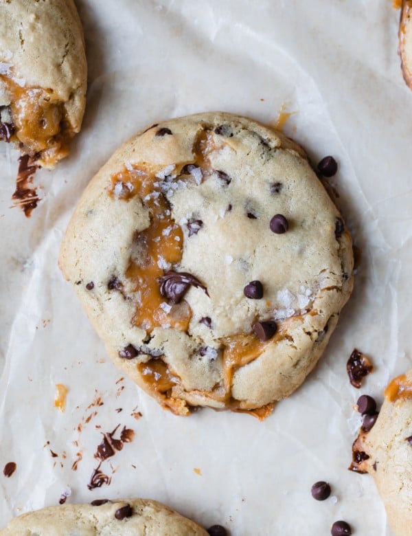 cookies made with caramel and chocolate chips on parchment paper