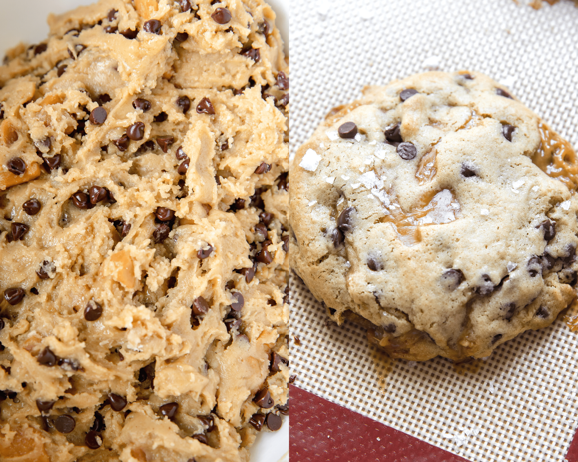 cookie dough in a bowl and a cookie on a silicone baking mat