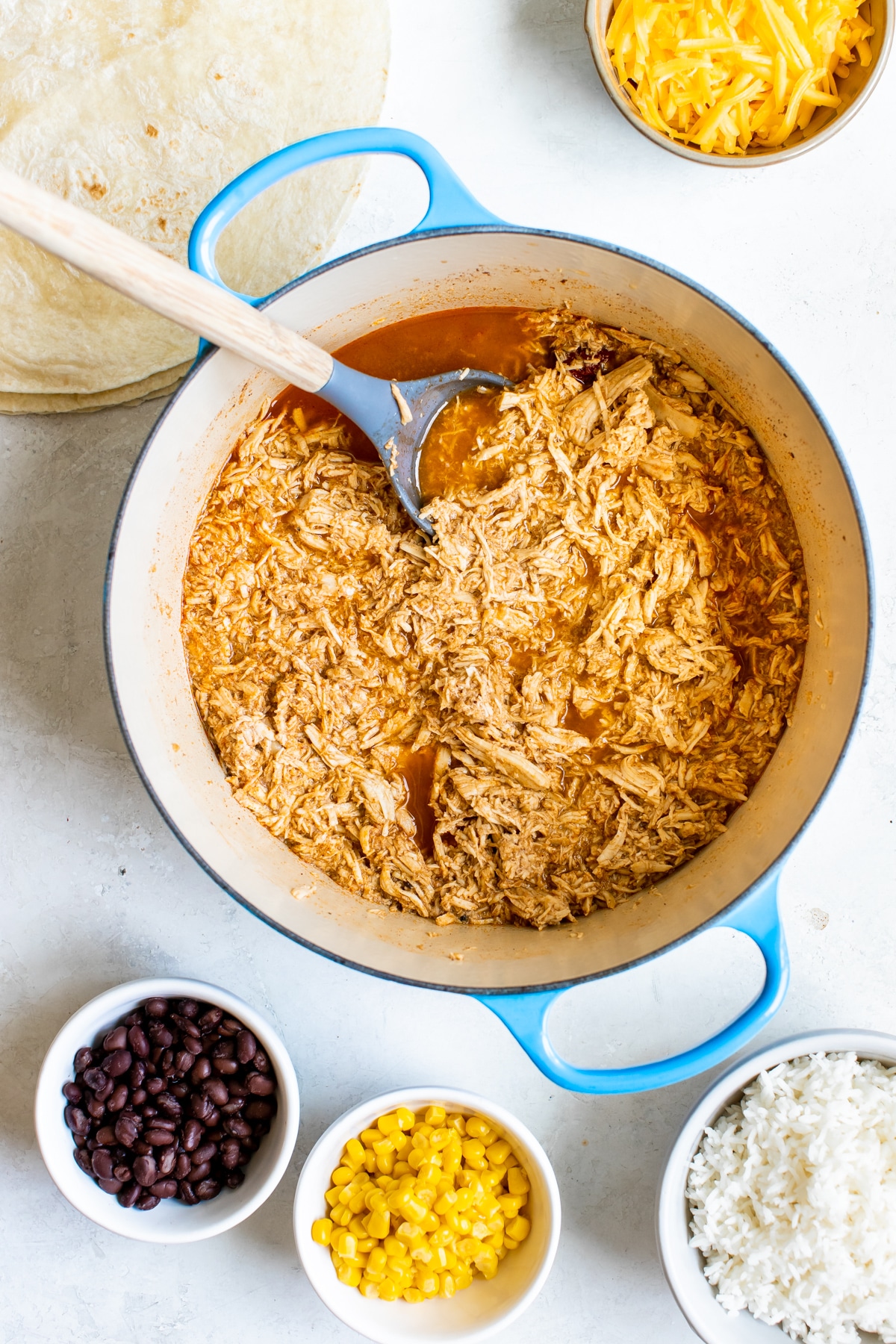 shredded chipotle chicken in a large dutch oven 