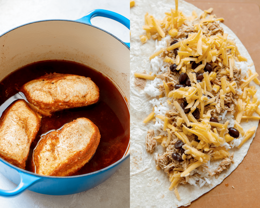 chicken breasts in a dutch oven and the assembly of ingredients on a flour tortilla 