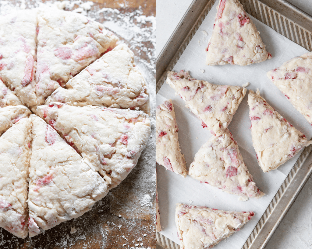 scones cut into triangles on a baking sheet