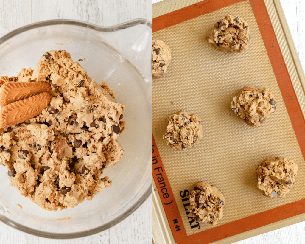 cookie dough on a baking sheet and in a glass mixing bowl. 