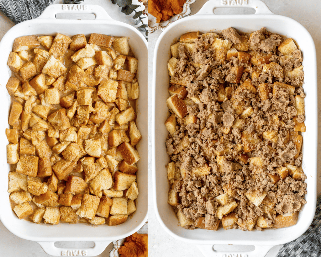 french toast in a white casserole dish topped with a brown sugar streusel. 