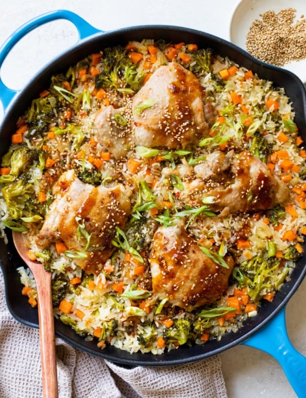 chicken and rice with teriyaki sauce, sesame seeds and green onions on top.