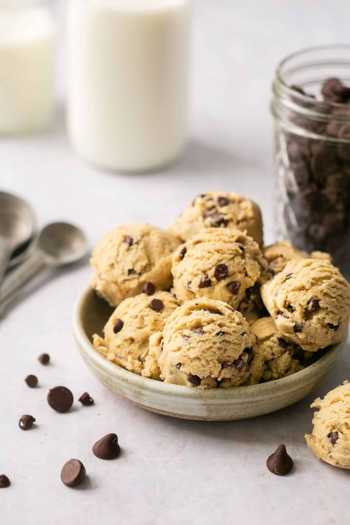 scooped cookie dough in a bowl. 