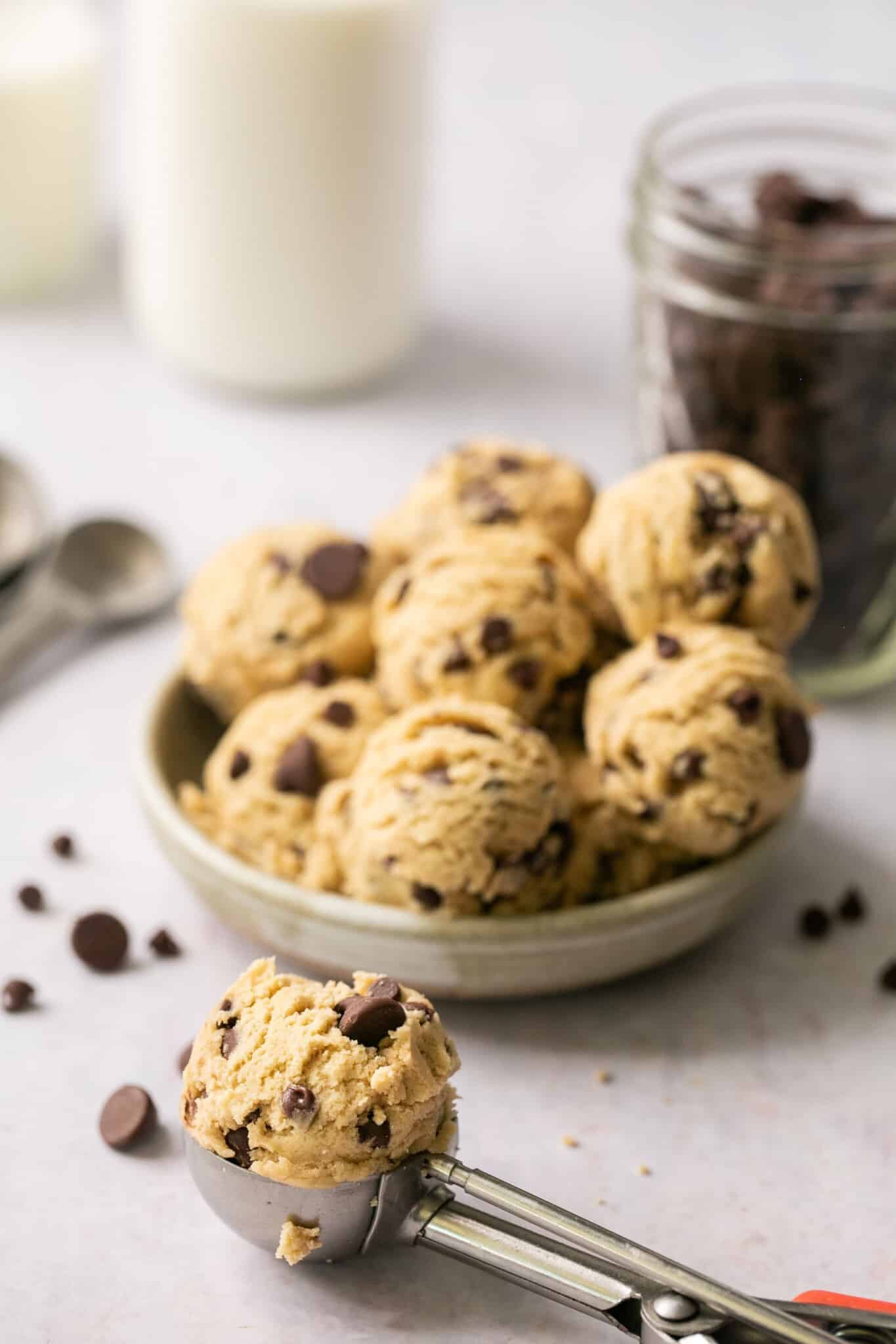 scooped cookie dough in a bowl. 