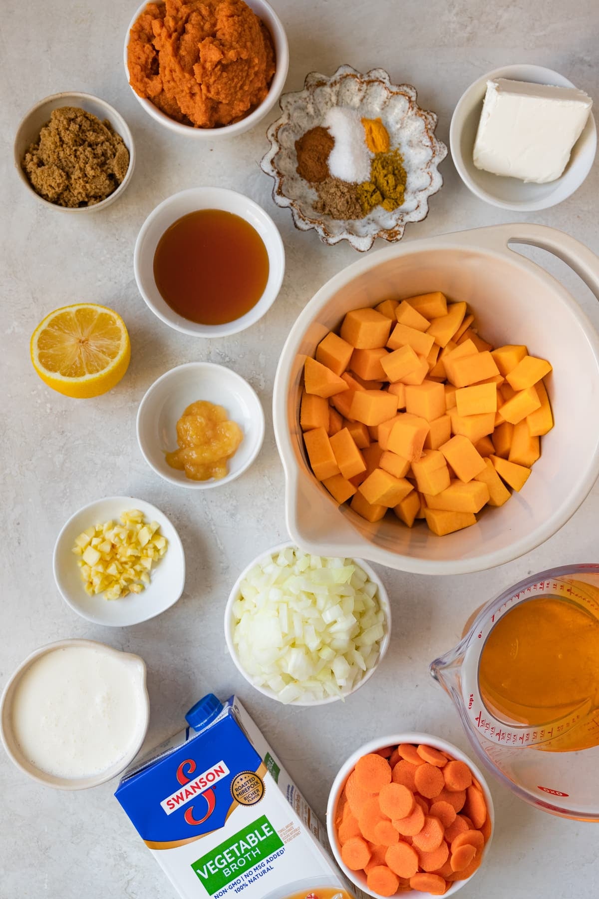 ingredients in small bowls needed to make soup. 
