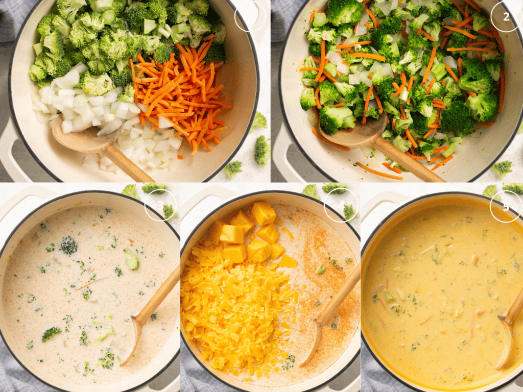 step by step photos of making soup in a white dutch oven. 