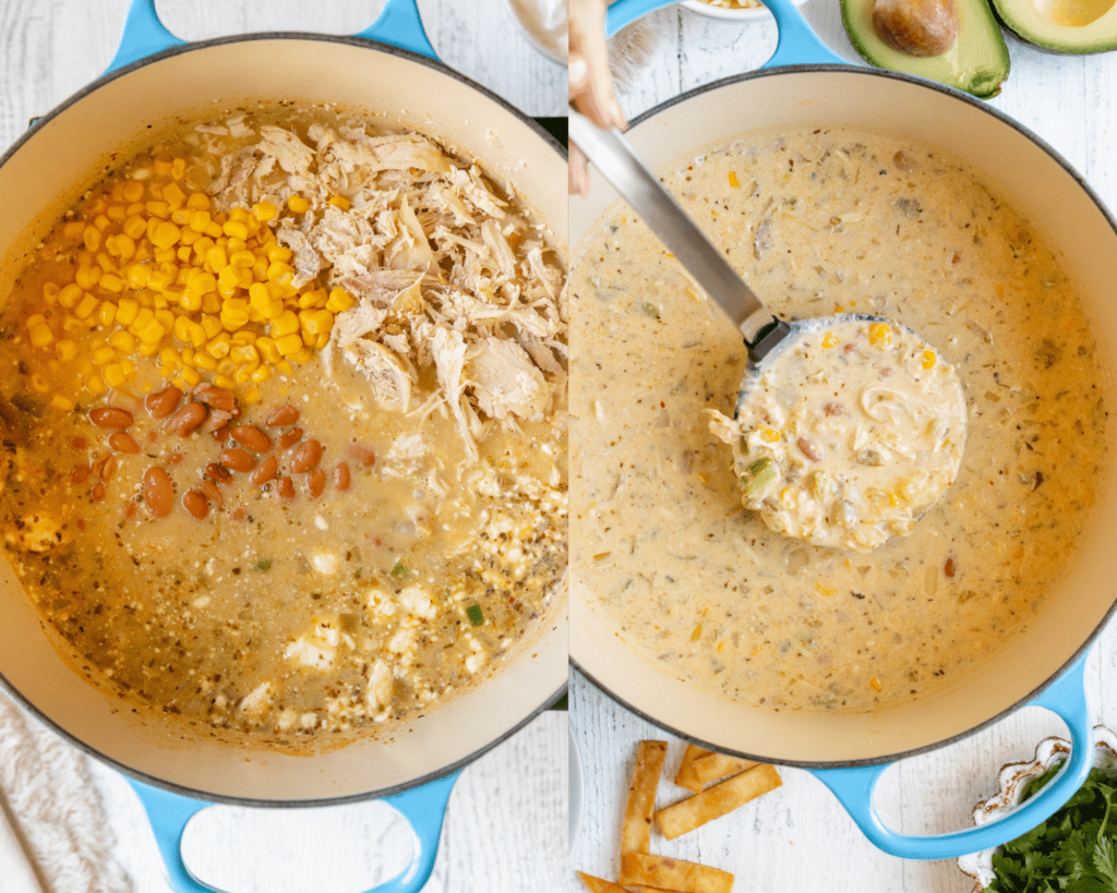 soup in a blue dutch oven. 
