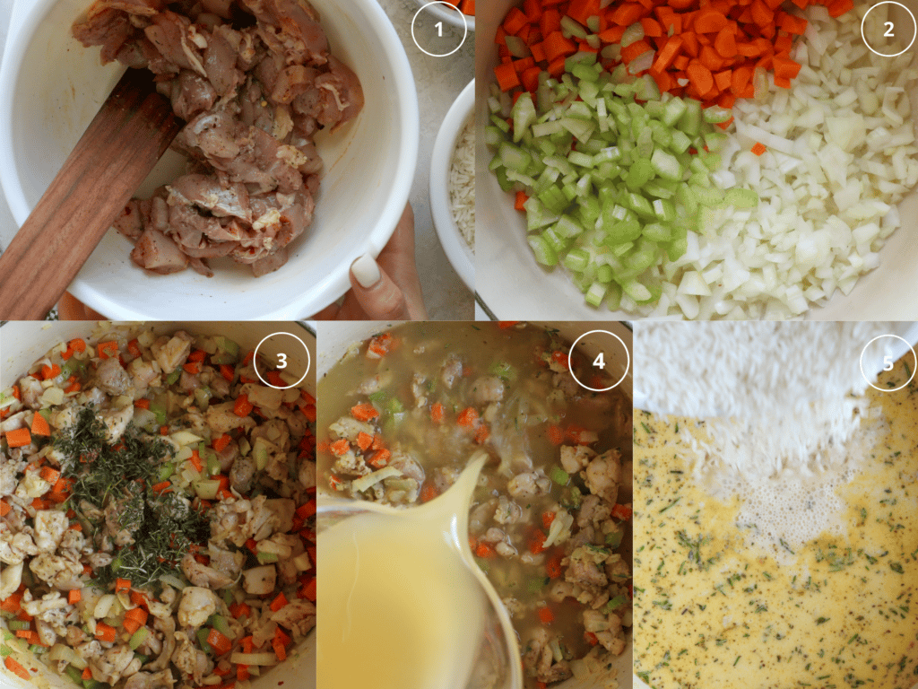 step by step process photos of making a soup made with veggies, rice and chicken.