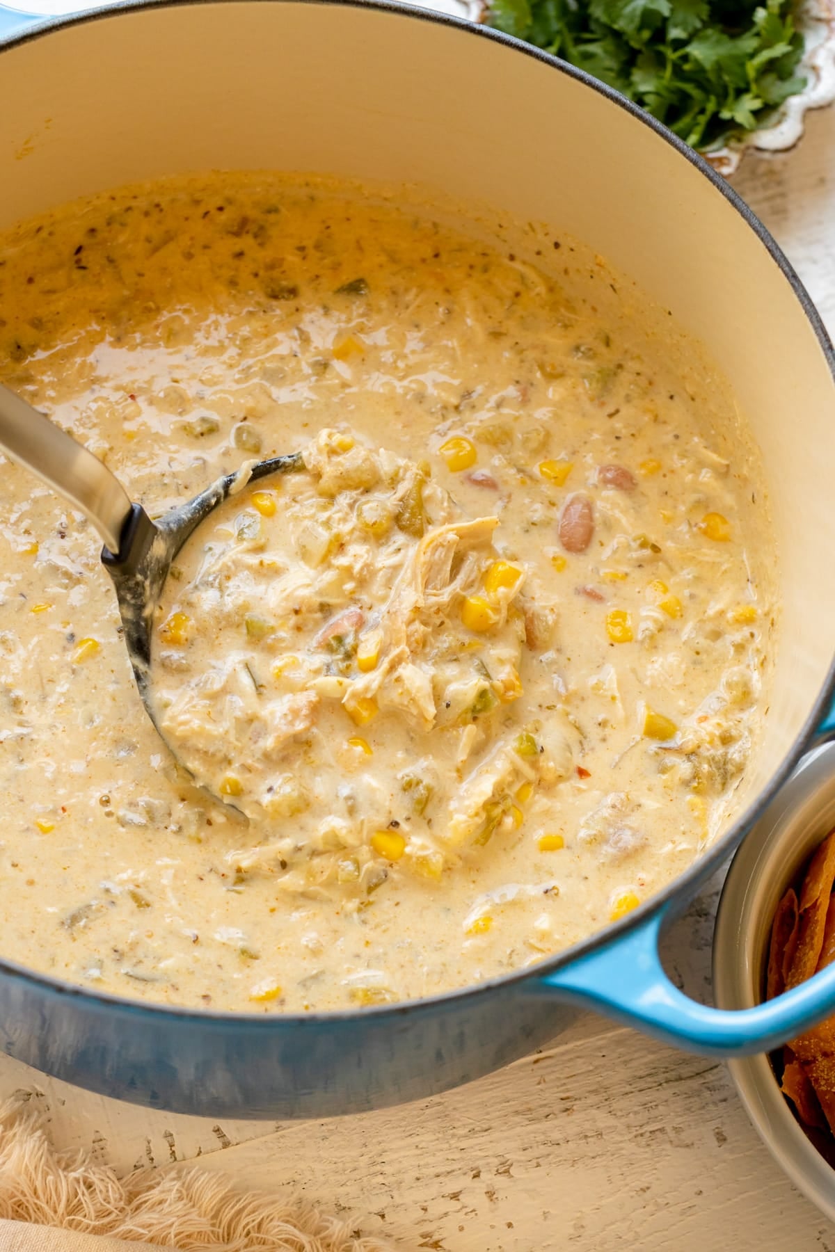 a ladle scooping up soup in a dutch oven. 